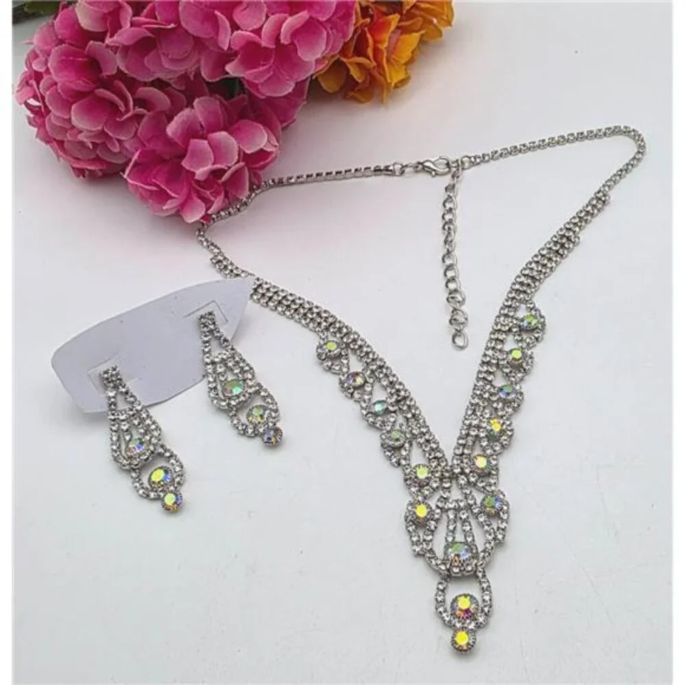 Clear AB Rhinestone Tennis Necklace Earrings Set Silver Tone 18